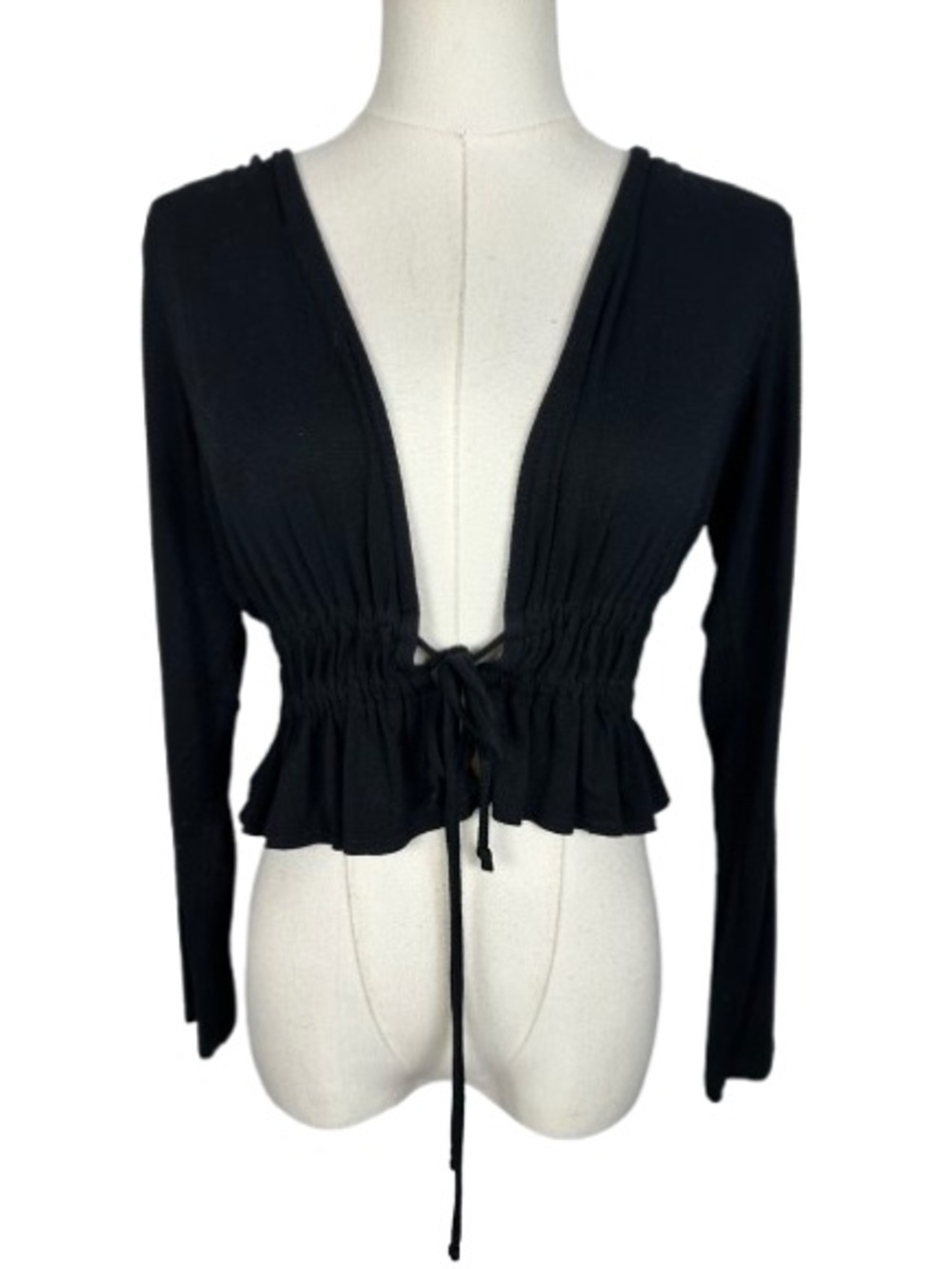 Jolie Black Drawstring Ruffle Hem Women's Cardigan Size S